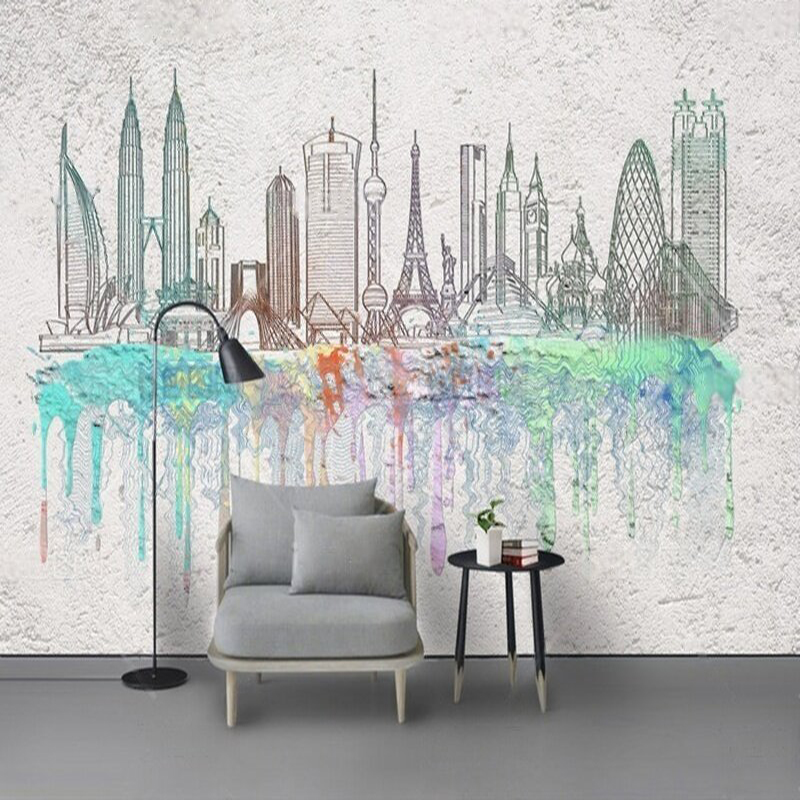 Commercial Wallpaper Printing - Современные акварельные силуэты города, чернильная стирка,